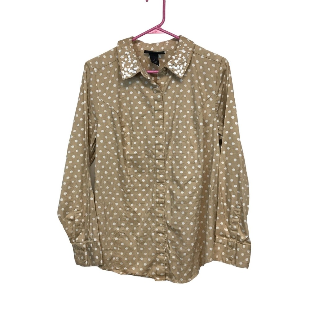 Lane Bryant Womens 14 Polka Dot Embellished Collar Button Down Shirt Tan White